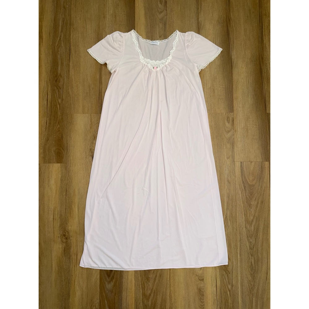 Vintage Pink Nylon Lace Trim Nightgown Midi Sleepwear Dress M cottage prairie